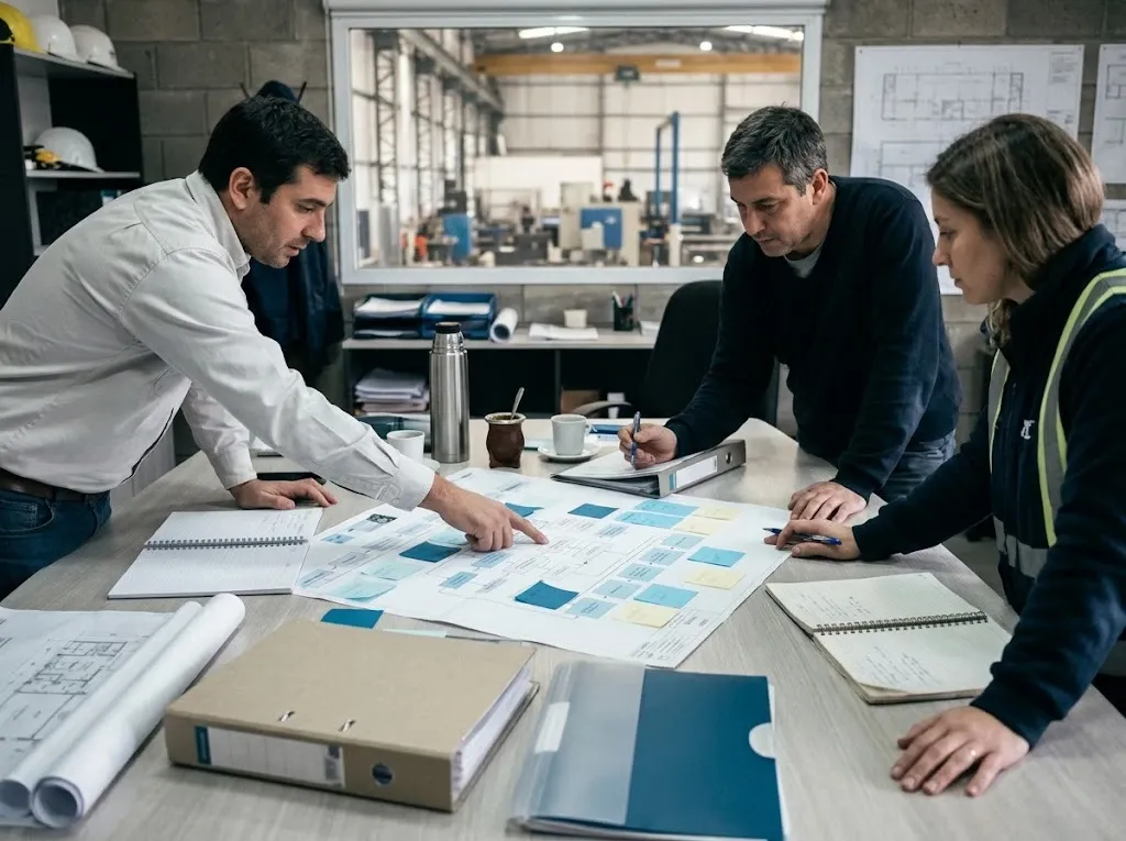 Equipo de trabajo revisando un mapa de procesos sobre una mesa, junto a la planta