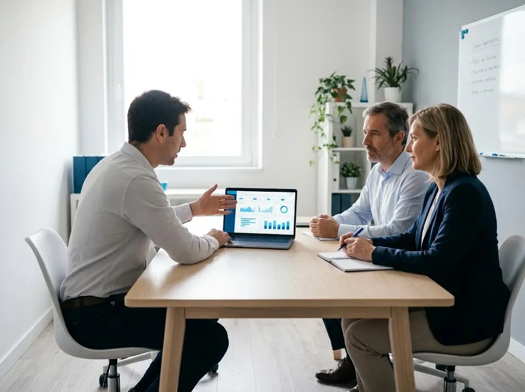 Reunión de trabajo frente a una notebook con un tablero de indicadores